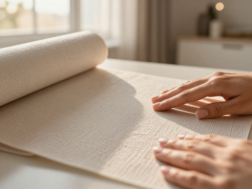 Руки рассматривают образец флизелиновых обоев крупным планом, видна качественная текстура материала