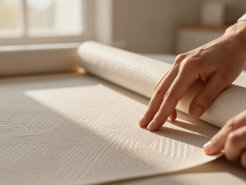 Руки внимательно рассматривают фактуру флизелиновых обоев при выборе для ремонта квартиры