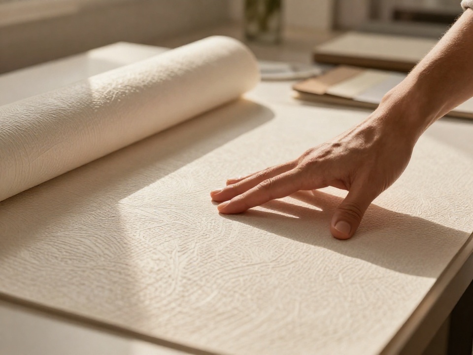 Руки рассматривают качественный образец флизелиновых обоев с рельефной текстурой, крупный план тактильного осмотра