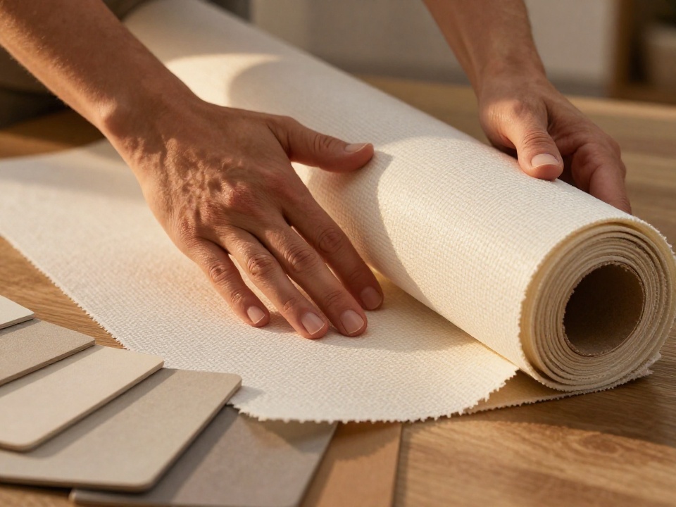 Руки рассматривают фактуру флизелиновых обоев — выбор качественных материалов для ремонта