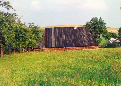 Тадиональный дом в деревне Новоселице Козицкие;  С левой стороны здания жилая часть, центральный вход - конюшня, справа - ворота во двор